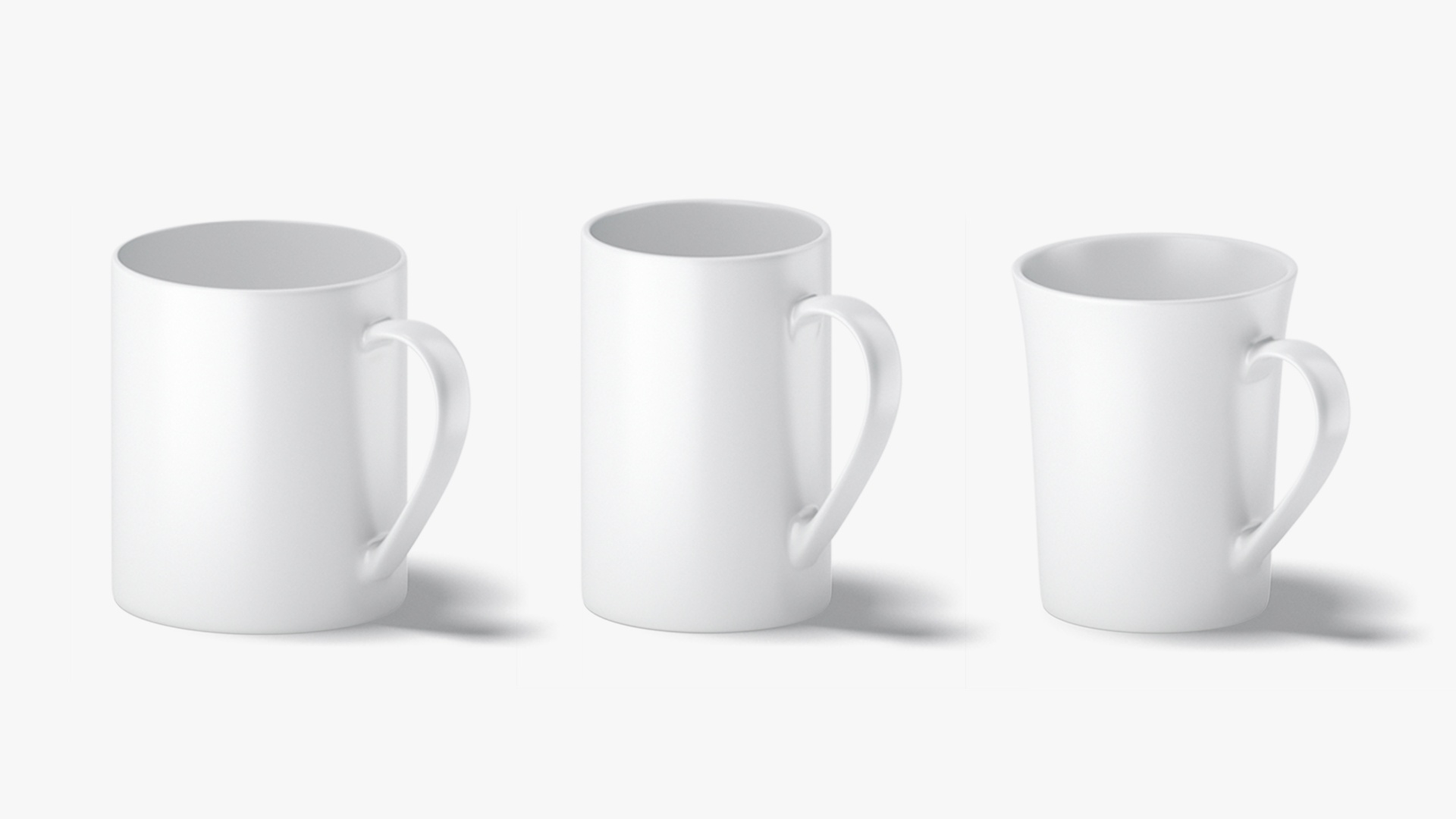 10 Mugs Shapes white ceramic cups with different forms and sizes by